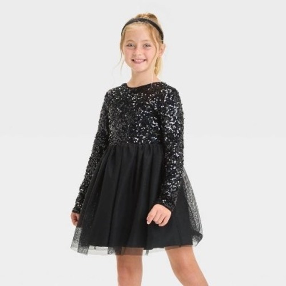 Cat & Jack Girls Black Sequin Tulle Long Sleeve Party Dress Size XL 14